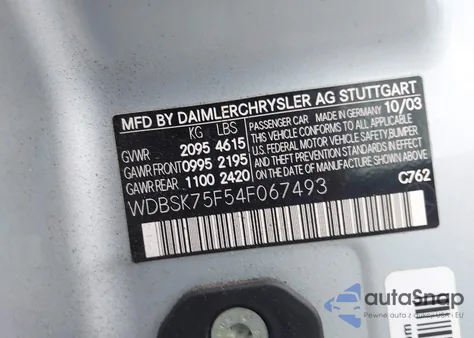 2004 Mercedes-Benz Sl 500 из США, поврежденный, VIN WDBSK75F54F067493